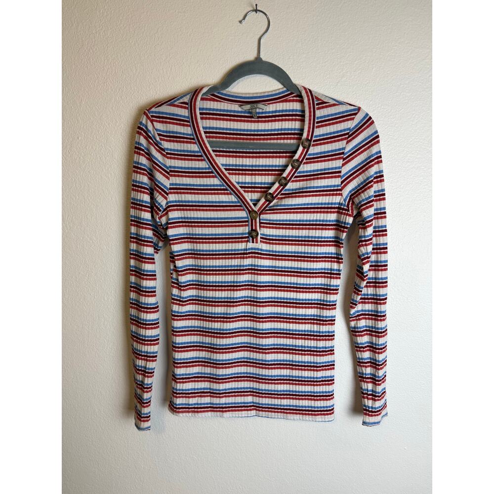 BKE Y2K Inspo Retro Striped Red Button Henley Long Sleeve Tee Womens Small - Picture 2 of 5